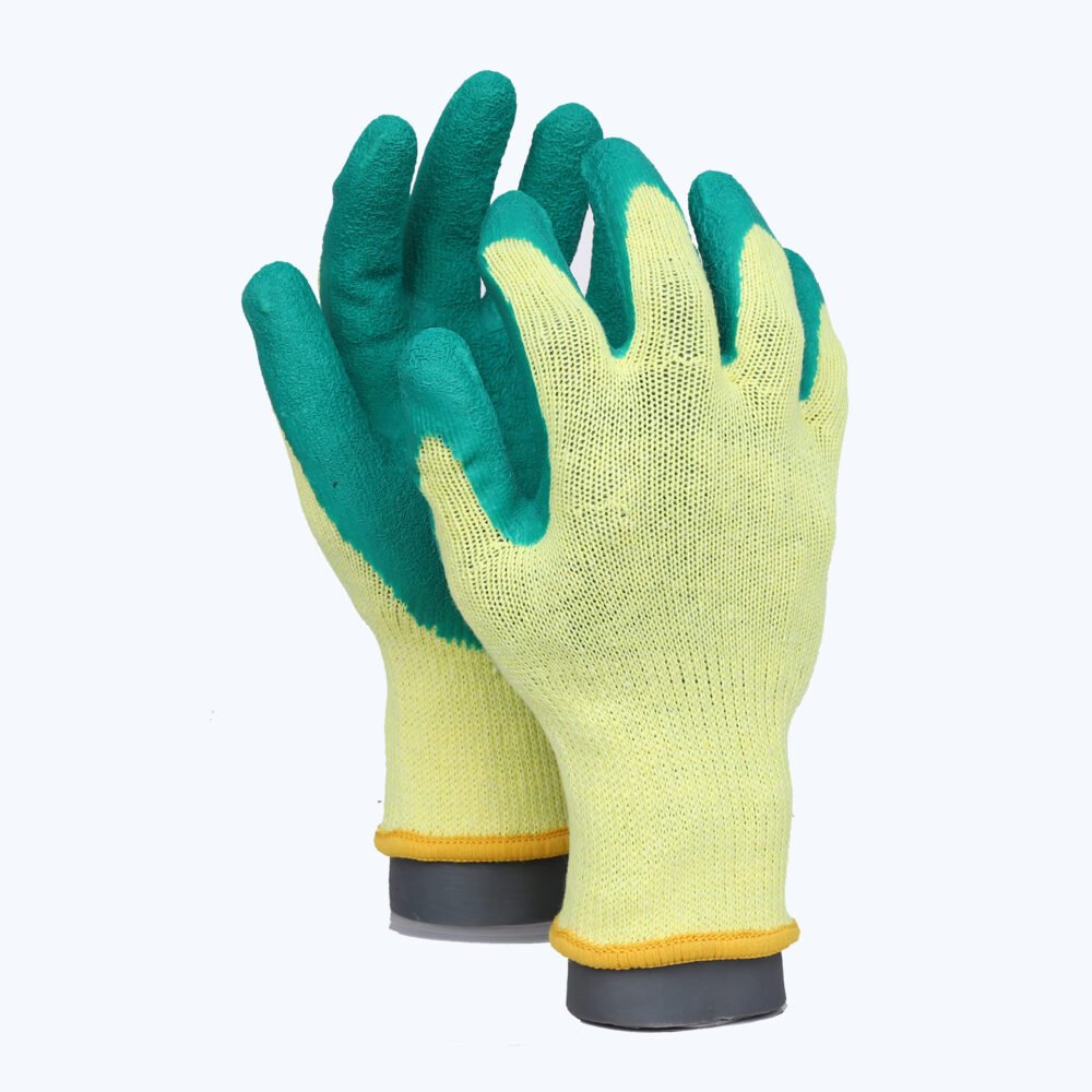 LK21-Y/G//10G Polycotton Glove with Latex Coated Crinkle Grip on Palm & Fingers