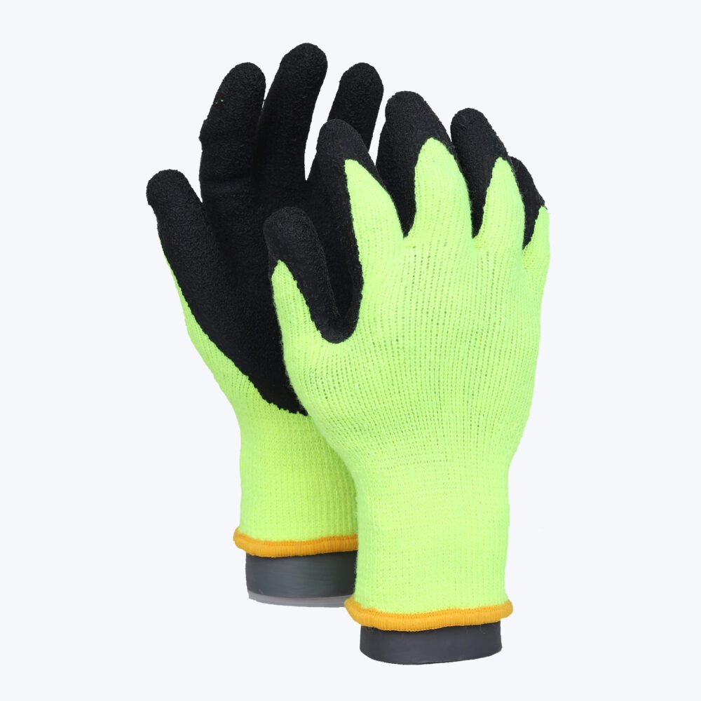 LK41-AR // 7G Hi-viz yellow terry loops Acrylic Glove with Latex Coated Crinkle Grip on Palm&Fingers